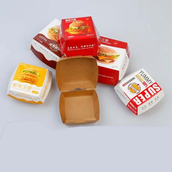 Abbaubare Fast-Food-Verpackung zum Mitnehmen, Lebensmittelbehälter, Papierboxen, Pizzabehälter, Lunchbox, Druck, Buchservice, Puzzle-Papierbox, Burger-Lebensmittelverpackung
